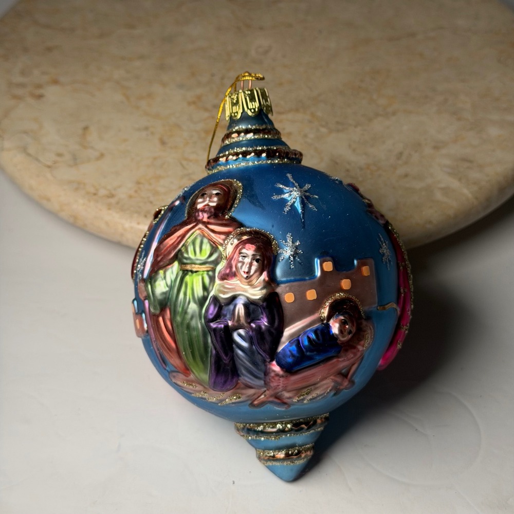 Vintage Nativity Christmas Ornament Blue Glass Painted Wise Men Angel 5.75"